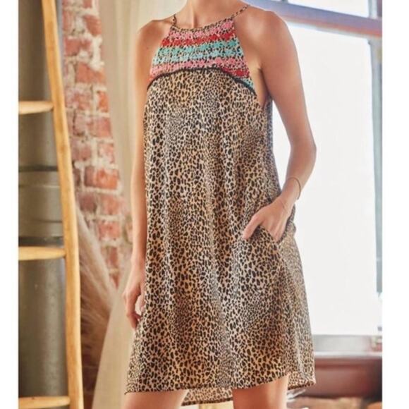 Savanna Jane Shift Dress w Pockets Medium Leopard Embroidered Floral Mini Animal - Picture 2 of 11